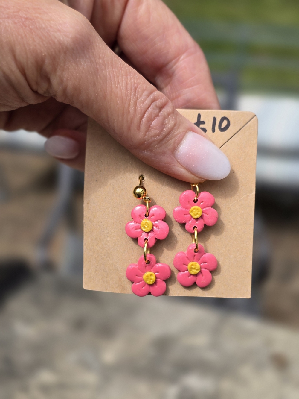Pink Floral Drop Earrings with Gold-Tone Accents